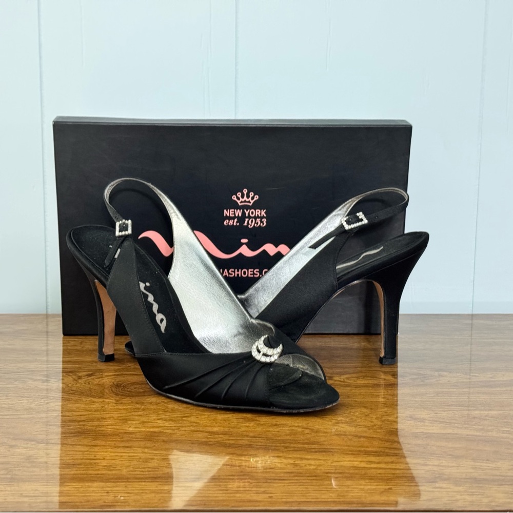 Nina Black Satin Peep-Toe Slingback Heels with Rhinestone Buckle